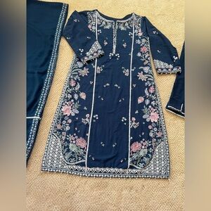 Floral Embroidered Navy Dress Brand ZAHA Pakistani Indian dress